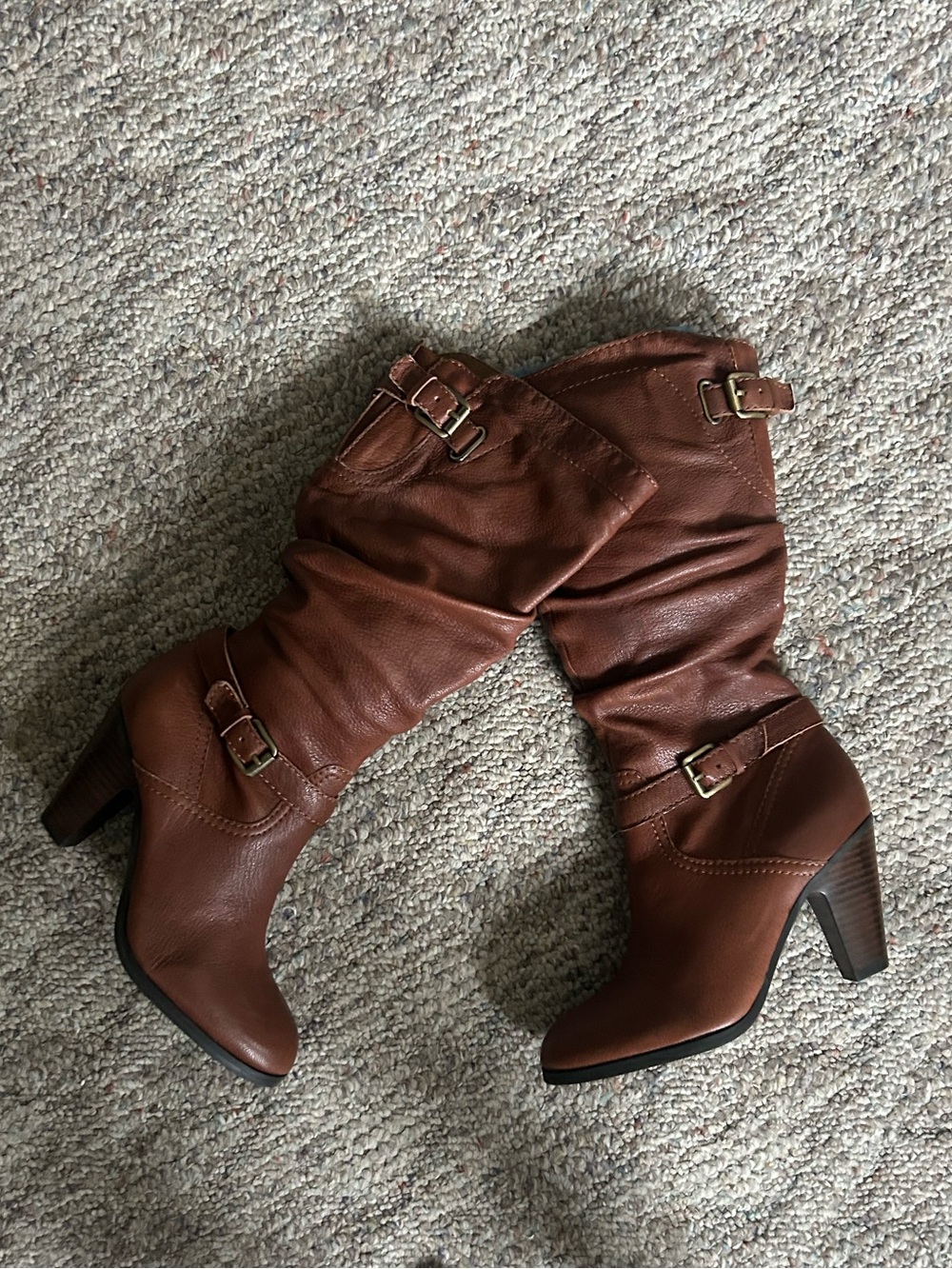 Guess Brown Slouchy Mid-Calf Buckle Heeled Boots